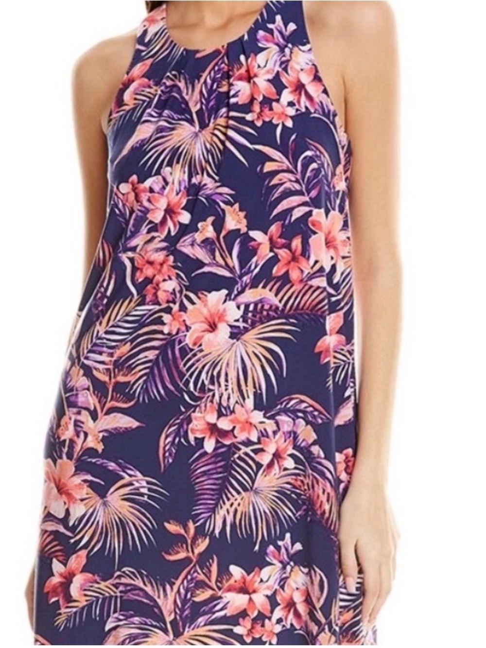 Tori Richard Tropical Floral Shift Dress Size M Blue Pink Racerback Modal